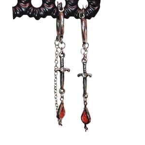 Silver Tone Sword & Red  Teardrop Crystal Dangle Earrings